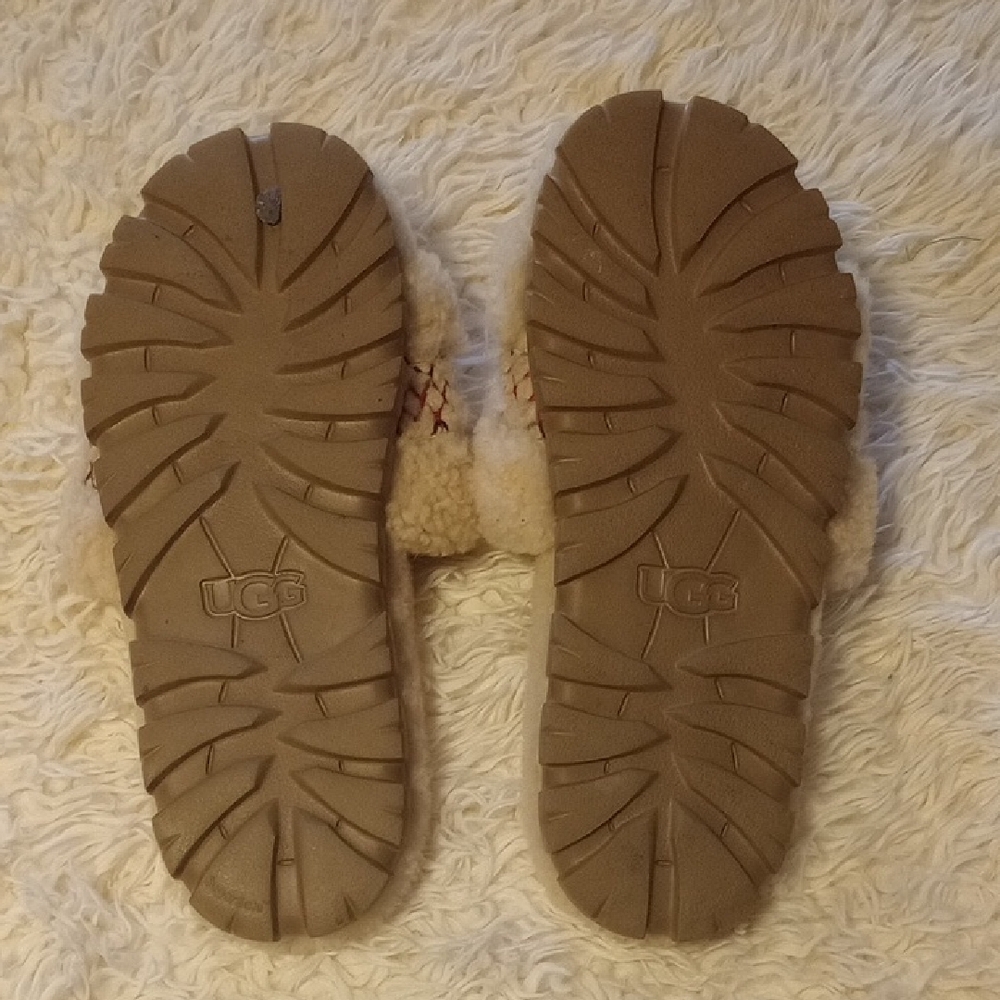 UGG Tan Fuzzy Slippers with Red Stitching - Picture 2 of 3